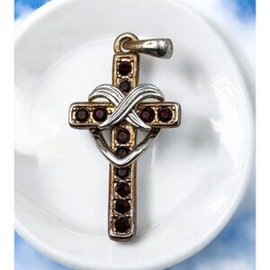 Vintage Faux Garnet Cross Pendant Gold Tone with Silver Tone Heart Design